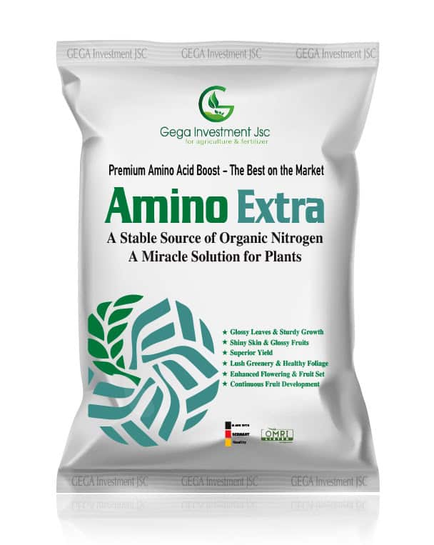 Amino Extra fertilizer packaging design — silver and green bag created for Vietnamese agricultural brand Gega Investment by Silver Lotus.