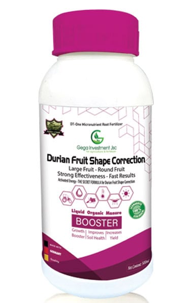 Durian Fruit Shape Correction fertilizer bottle — magenta and white packaging design for Gega Investment, created by Silver Lotus for Vietnamese agricultural brand.