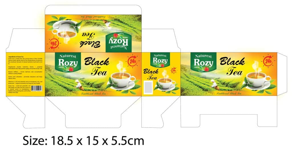 Naturest Rozy Black Tea packaging dieline — flat layout showing detailed print design with warm yellow and green colors, cup of tea imagery, and typography by Silver Lotus.
