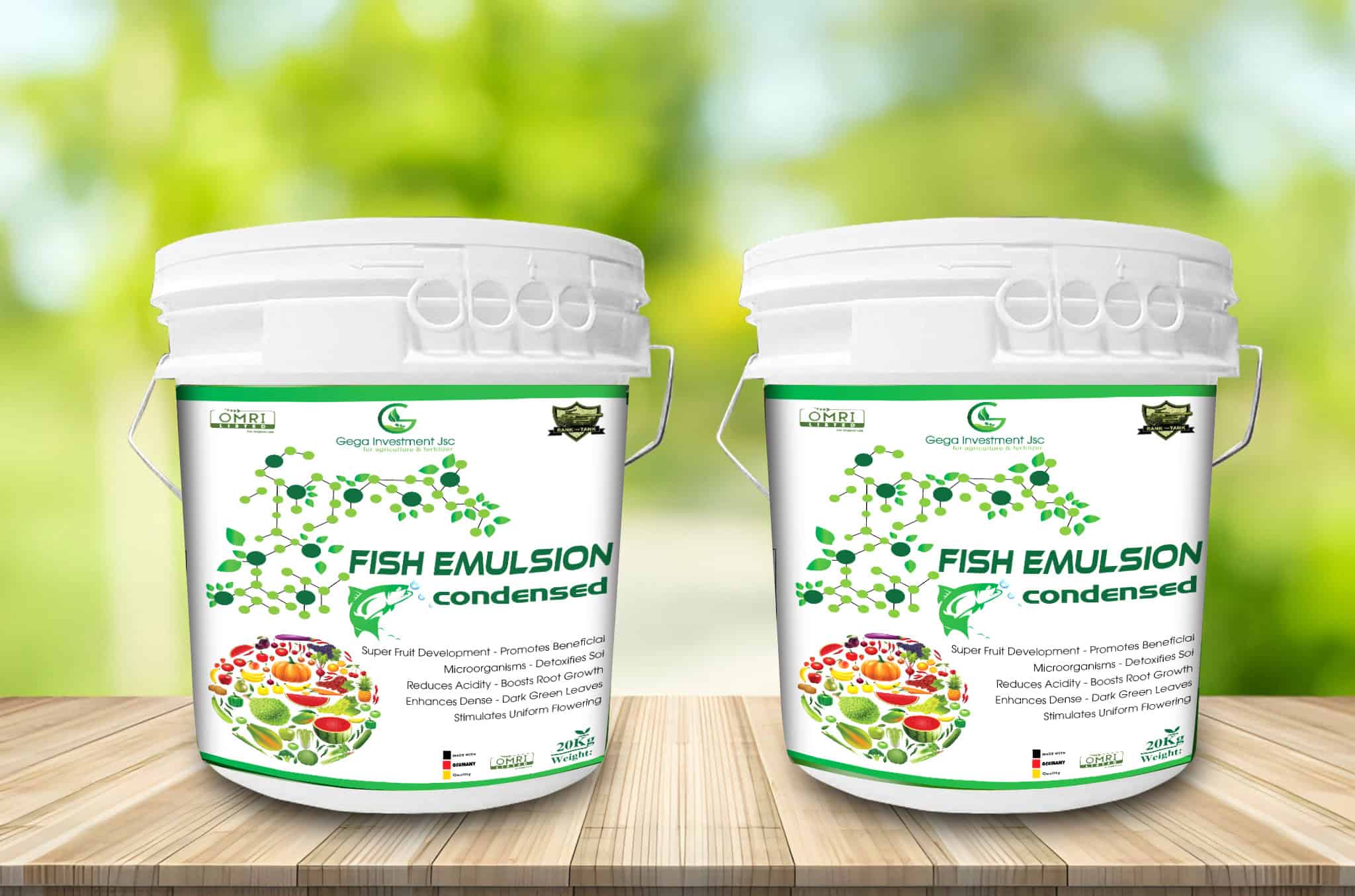 Fish Emulsion Condensed fertilizer buckets — white 20 kg containers with green molecular design and fruit imagery, packaging created by Silver Lotus for Gega Investment in Vietnam.