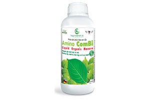 Amino Combi liquid organic fertilizer bottle — clean white packaging with green leaf design created by Silver Lotus for Vietnamese agricultural brand Gega Investment.