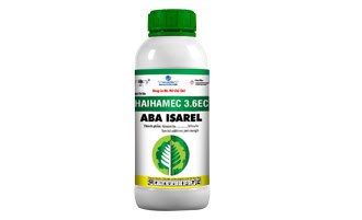 Aba Isarel pesticide bottle — white and green packaging design with leaf emblem, created by Silver Lotus for Haihamec 3.6EC agricultural product line.