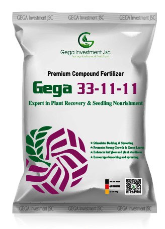 Gega 33-11-11 fertilizer packaging — silver bag design with purple and green lotus motif created by Silver Lotus for Gega Investment, emphasizing plant recovery and seedling nourishment.