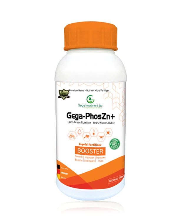 Gega-PhosZn+ liquid fertilizer bottle — white and orange packaging design created by Silver Lotus for Gega Investment, emphasizing plant growth, soil health, and green nutrition.