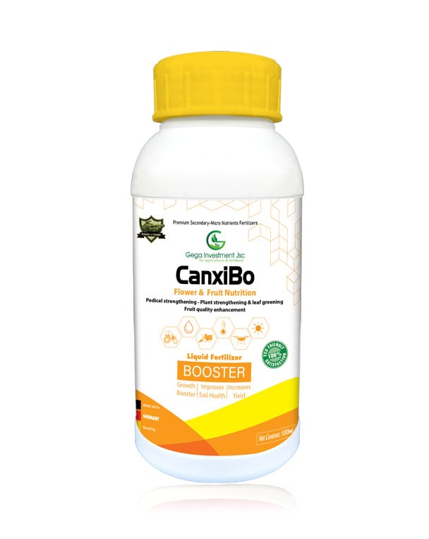 CanxiBo liquid fertilizer bottle — white and yellow packaging design for Gega Investment, created by Silver Lotus to highlight plant nutrition and fruit quality enhancement.