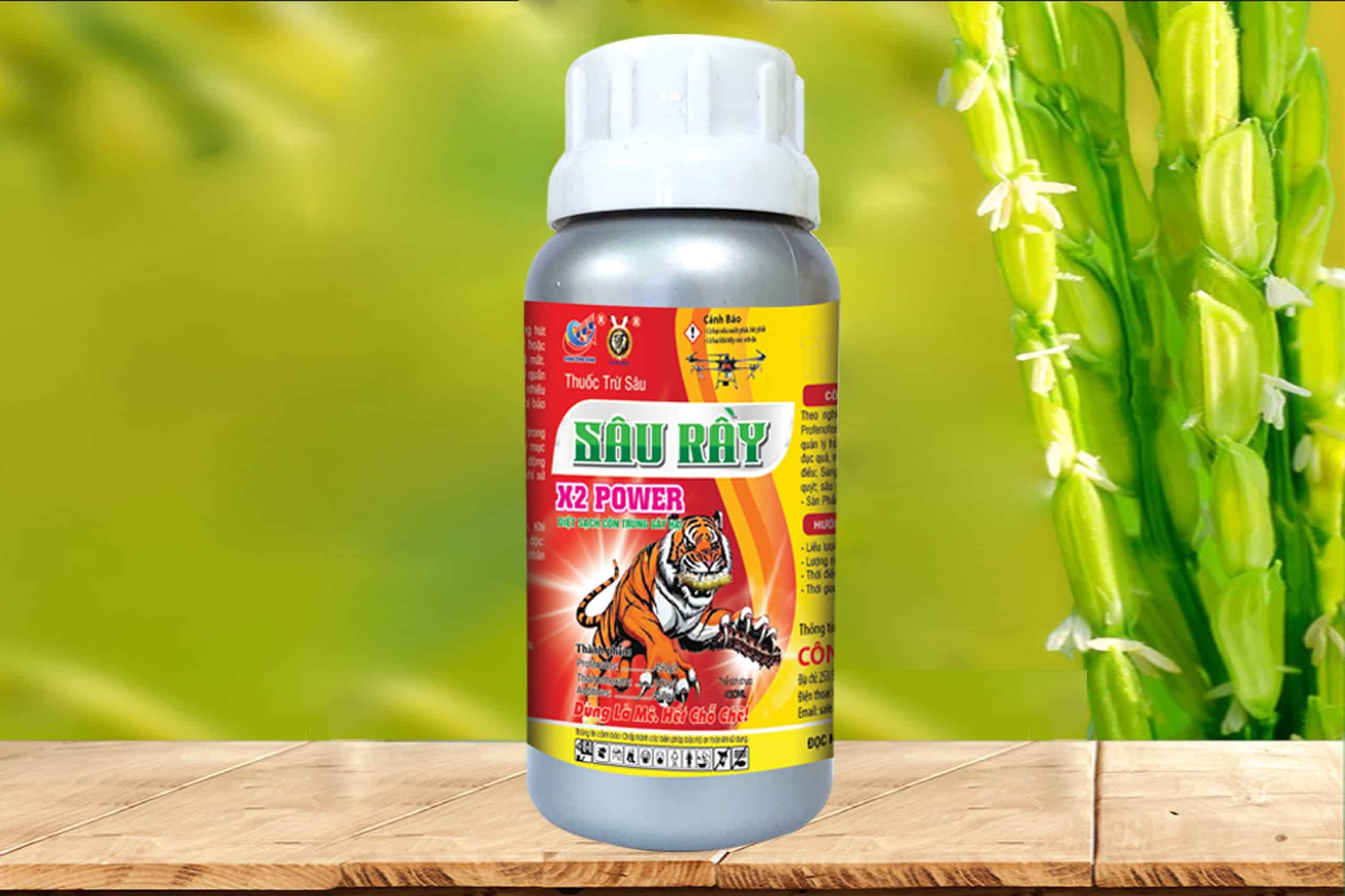 Sâu Rầy X2 Power insecticide packaging design featuring a tiger illustration — bold agrochemical branding created for the Vietnamese agricultural market.