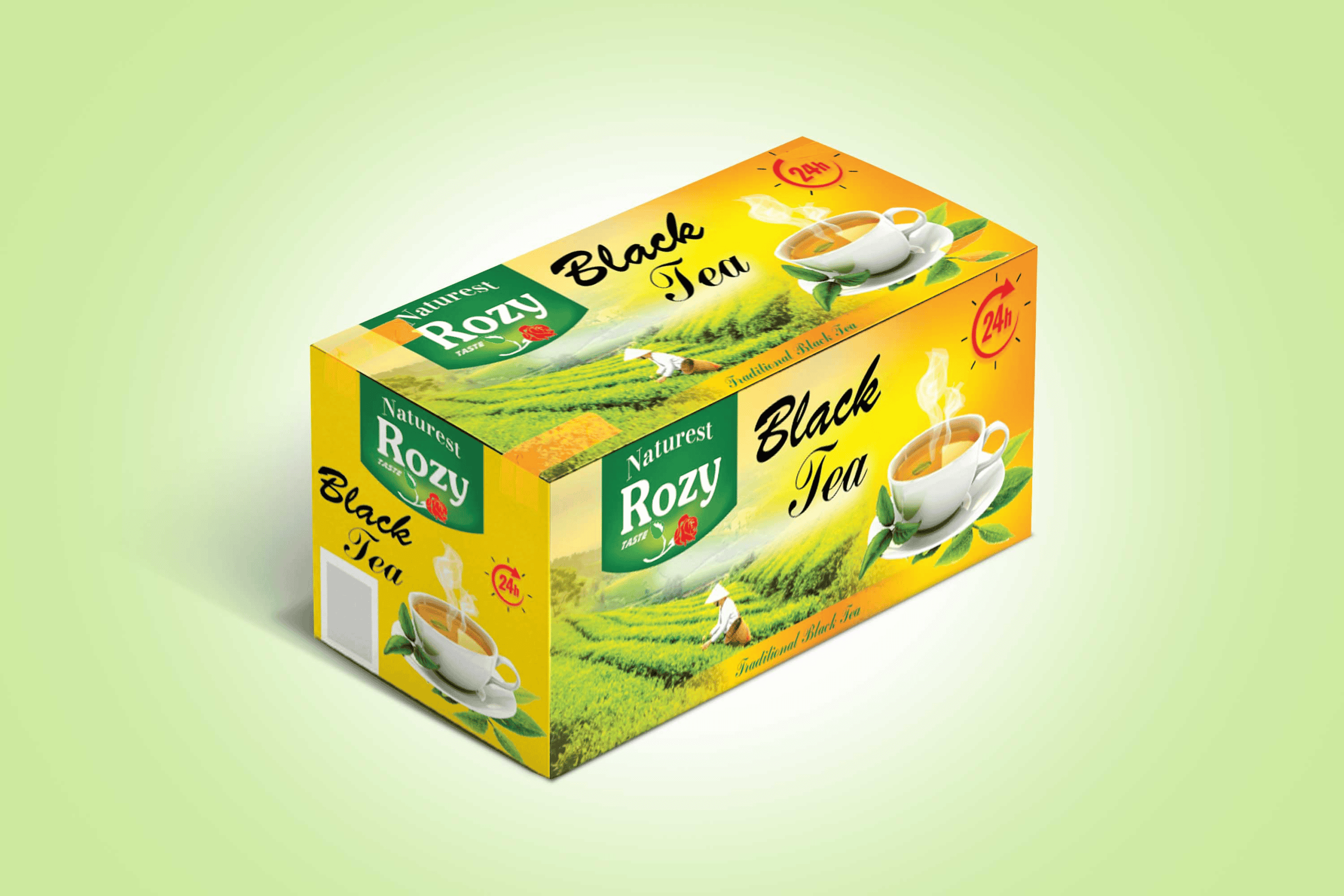 Bright and colorful tea packaging design for Naturest Rozy Black Tea – traditional FMCG product box designed by Silver Lotus with green and yellow gradient, cup illustration, and natural scenery background.