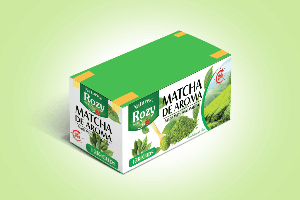 Naturest Rozy Matcha De Aroma packaging design — green and white box symbolizing freshness and purity, designed by Silver Lotus with clear modern branding.