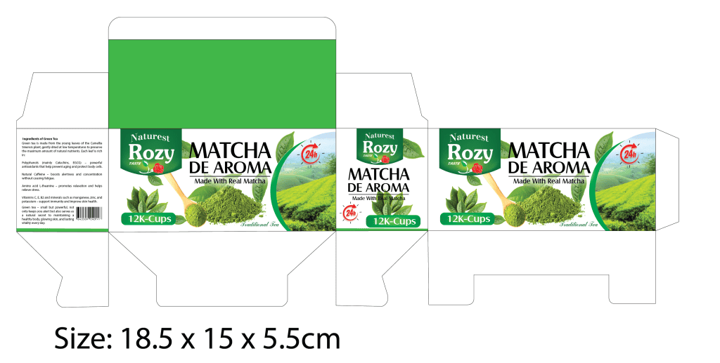 Naturest Rozy Matcha De Aroma packaging dieline — green and white flat box design with matcha leaves, modern typography, and clean layout crafted by Silver Lotus.