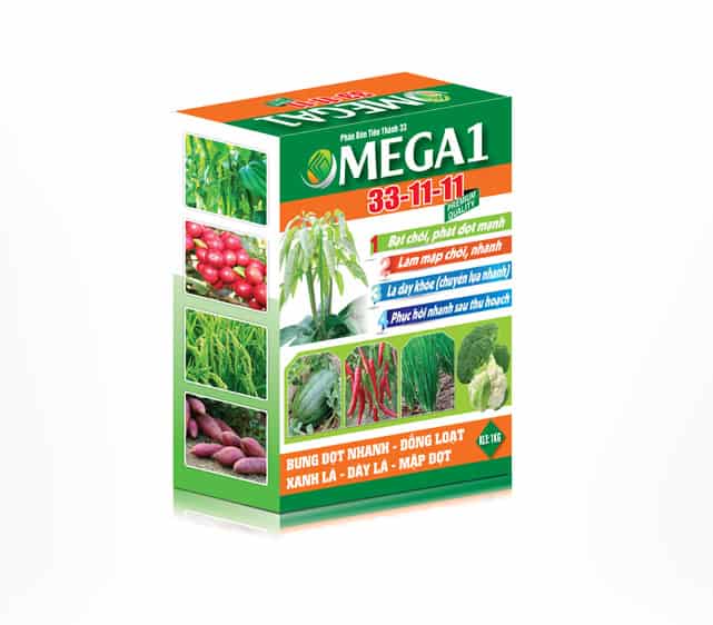Omega1 33-11-11 fertilizer box — green and orange packaging with agricultural crop images, designed by Silver Lotus for Vietnam’s fertilizer market.